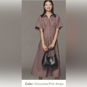 Striped Chocolate & Pink Midi Shirt Dress